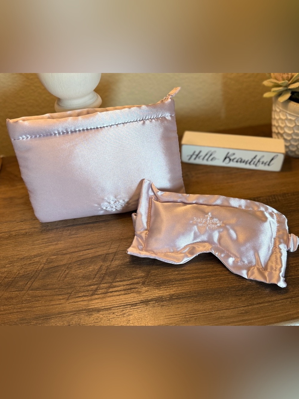 Kate Spade blush pink satin pouch with matching sleep mask